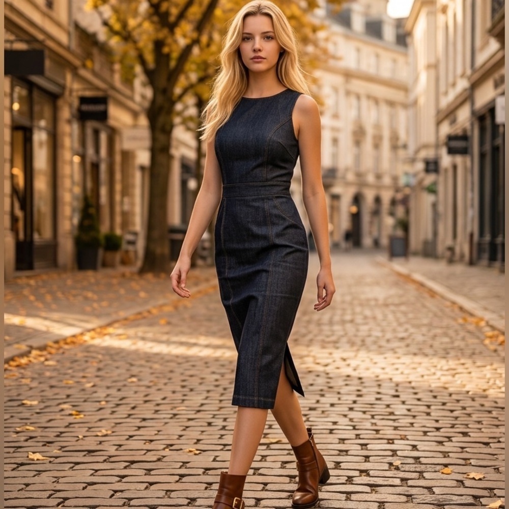 Rachel Ray indigo denim dark wash quiet luxury tailored structured sheath dress